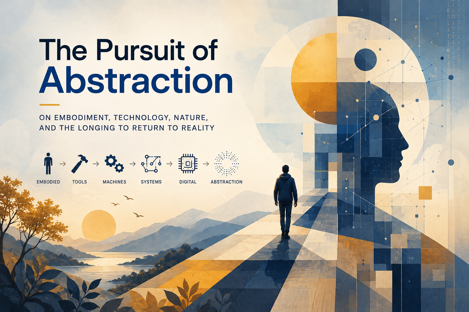 Conceptual illustration of the pursuit of abstraction, from embodiment and physical tools through machines, systems, digital technology, and abstraction
